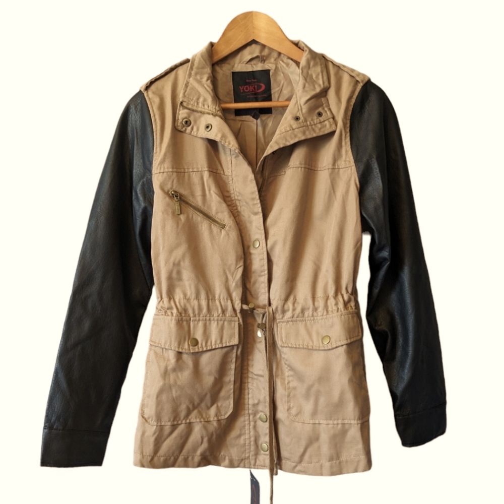 NWT Yoki NY Khaki Beige & Black Faux Leather Long Jacket Anorak Safari sz. L
